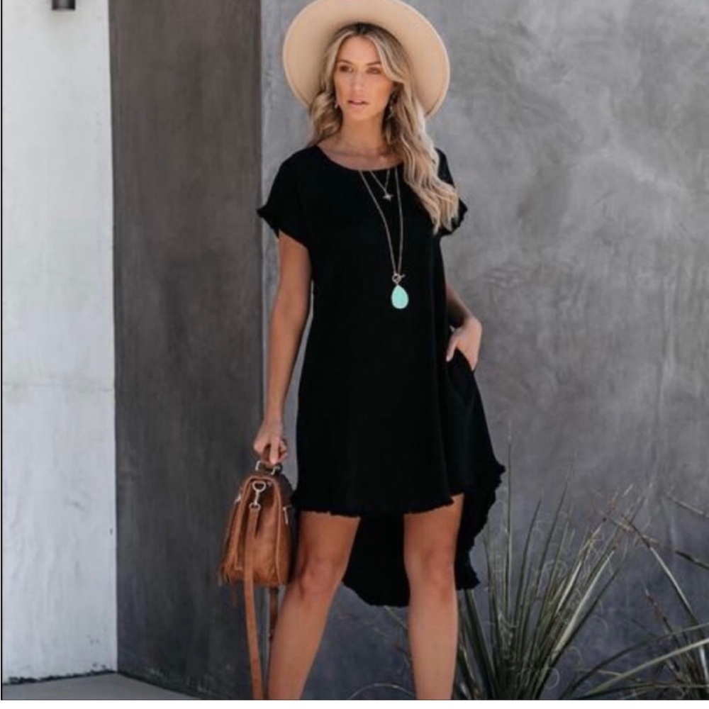 UMGEE Black Linen Cotton Scoop Neck High Low Frayed Edge Dress With Pockets